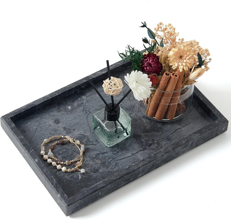 MULWR Marble Bathroom Tray,Pure Natural Vanity Tray,Marble Trays for Kitchen Counter Non-Ceramic/Non-Resin,Stone Tray 12 x 8 inch (Black) ﻿ - Image 1